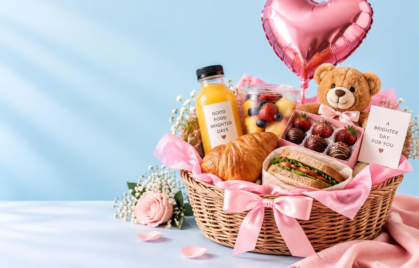 Canasta de desayuno sorpresa con jugo, croissant, fresas con chocolate, osito y globo de corazón